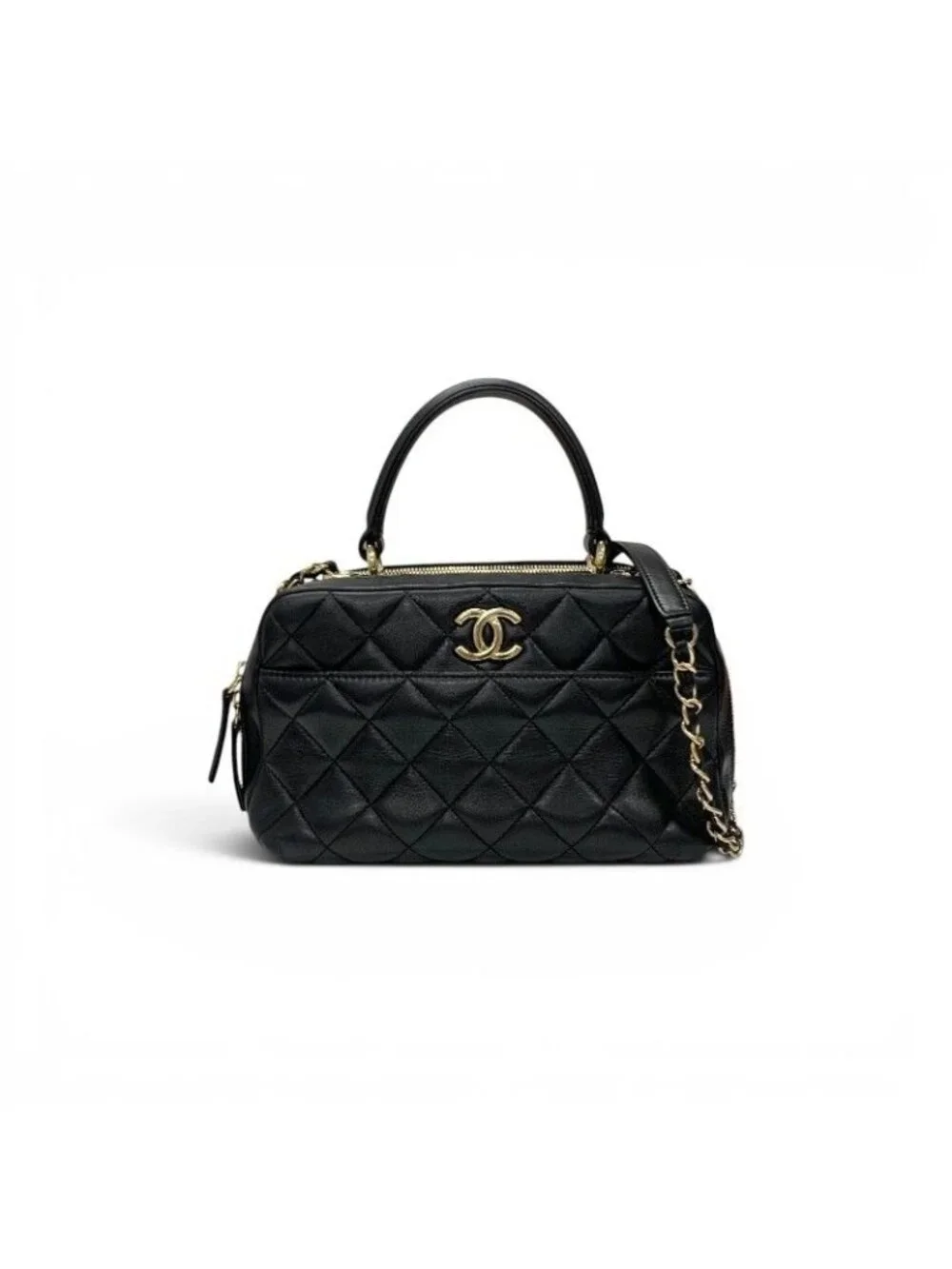 Chanel Trendy CC Bowling Bag Lambskin Black Gold Quilted Goro CC Logo Chain